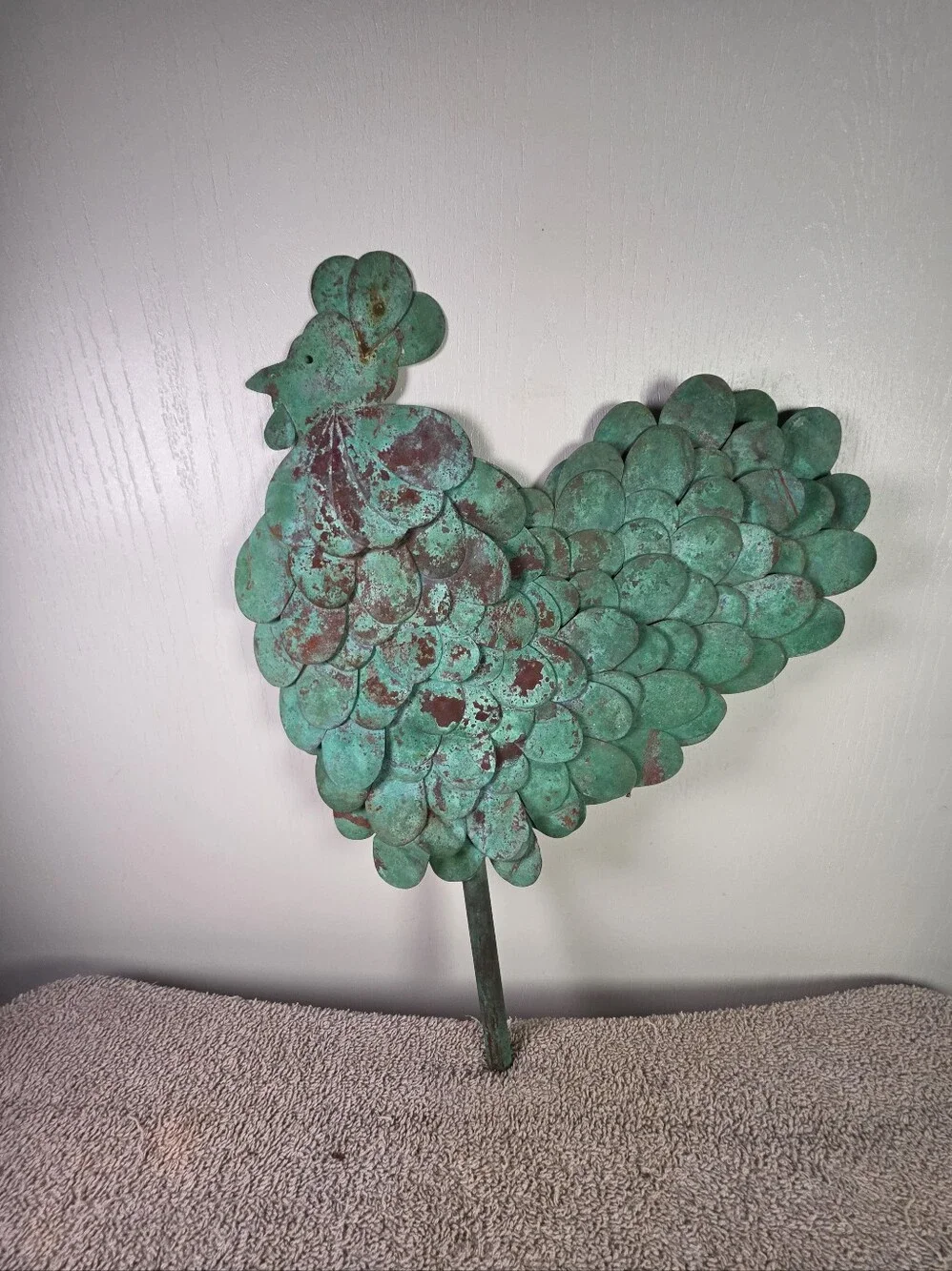 Patina Metal Rooster Garden Stake - Green Decorative Sculpture